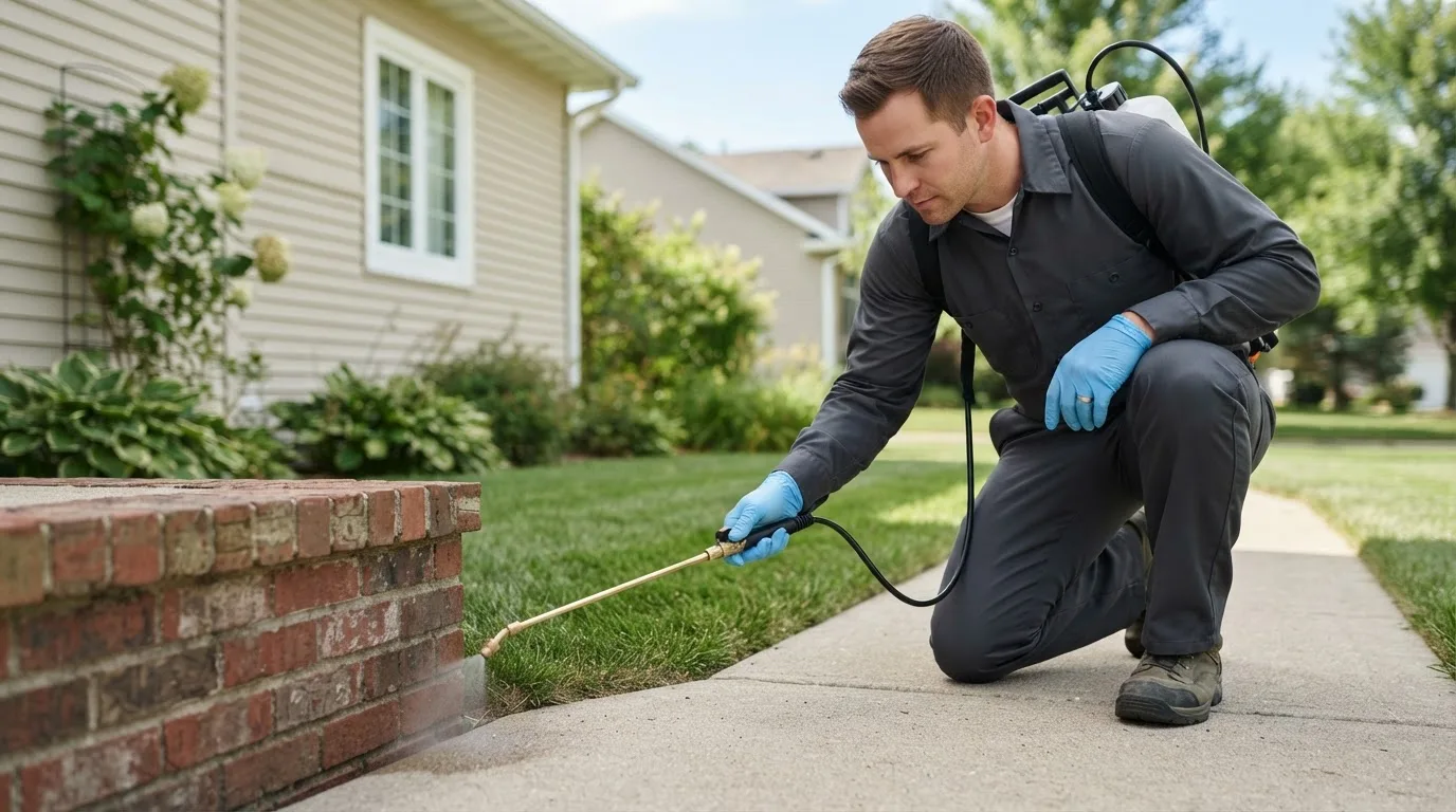 Pest control technician treating a home near Powers Lake, ND