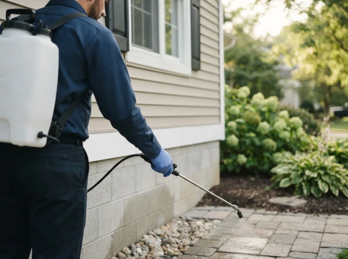 Pest control technician inspecting a home in Powers Lake, ND